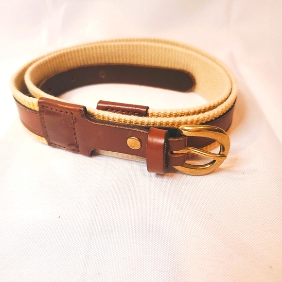 J. CREW Cream and Brown Genuine Leather Trim Belt Size Medium